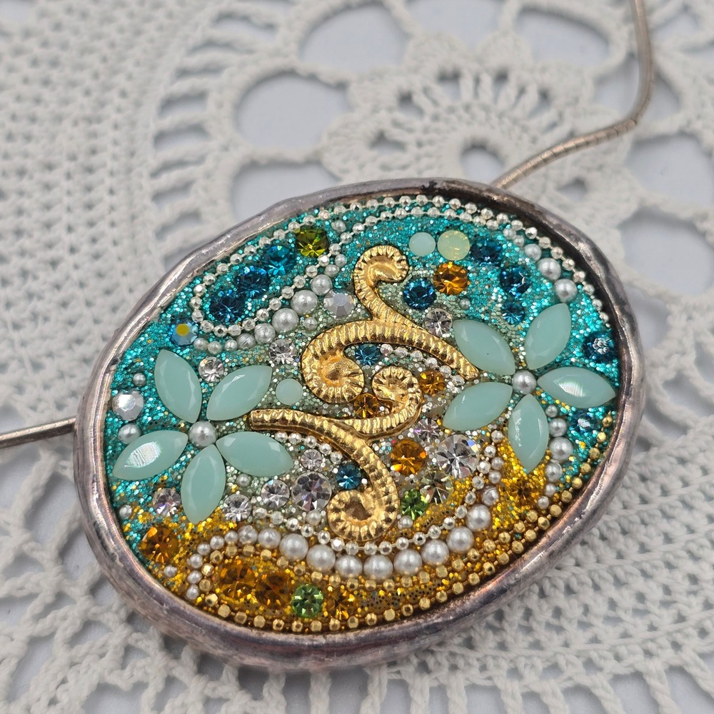 Orit Schatzman OS Israel Mosaic Necklace 925 Crystal Flower Oval Pendant Chain